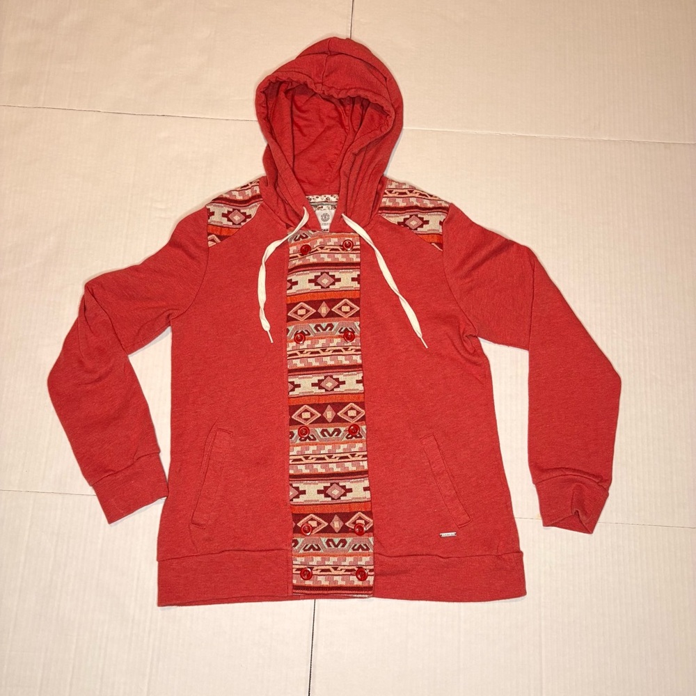 Y2K Element Red Hooded Buttoned Sweater with western Aztec Boho Pattern